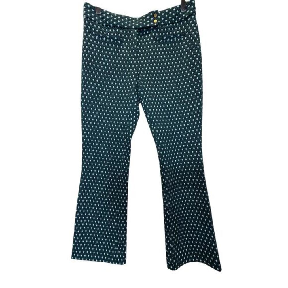 Anthropologie Cartonnier Charlie Crop Flare Pants Green Geometric Textured SZ 0‎